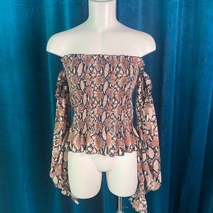 IVORY Snake Print Smocked Off the Shoulder Crop Top